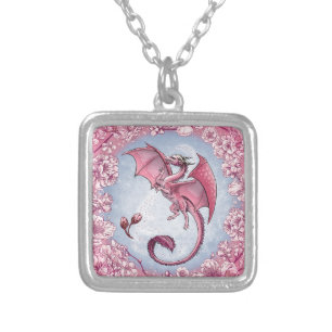 Pink Dragon of Spring Nature Fantasy Art Silver Plated Necklace
