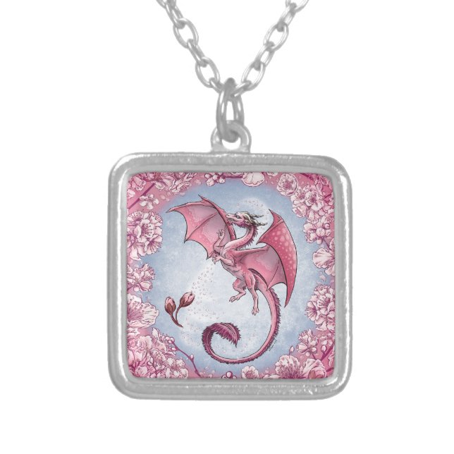 Pink Dragon of Spring Nature Fantasy Art Silver Plated Necklace (Front)