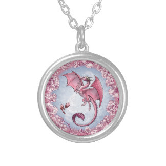 Pink Dragon of Spring Nature Fantasy Art Silver Plated Necklace