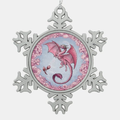 Pink Dragon of Spring Nature Fantasy Art Snowflake Pewter Christmas Ornament