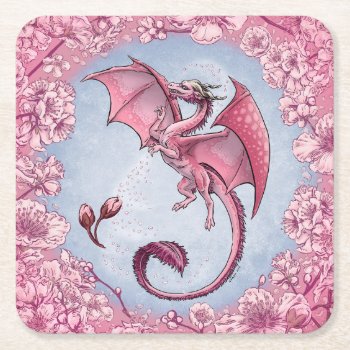 Pink Dragon Of Spring Nature Fantasy Art Square Paper Coaster by critterwings at Zazzle