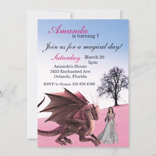 Pink Dragon Princess Magical Birthday Party Invitation