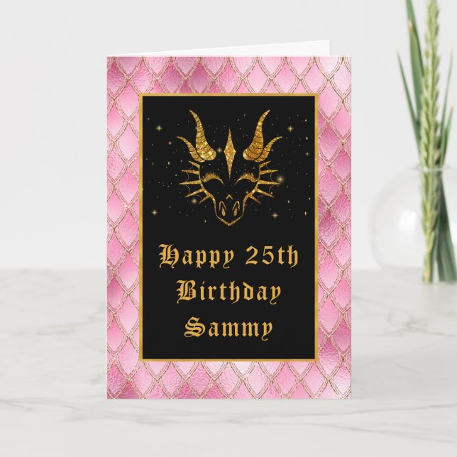 Pink Dragon Scales Faux Glitter Happy Birthday Card (Front)