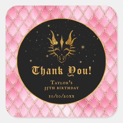 Pink Dragon Scales Gold Birthday Thank You Square Sticker