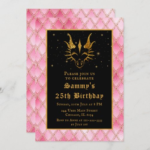 Pink Dragon Scales Gold Faux Glitter Birthday Invitation