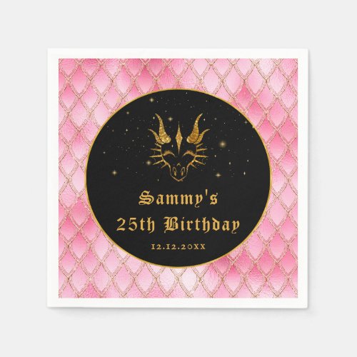 Pink Dragon Scales Gold Faux Glitter Birthday Napkins