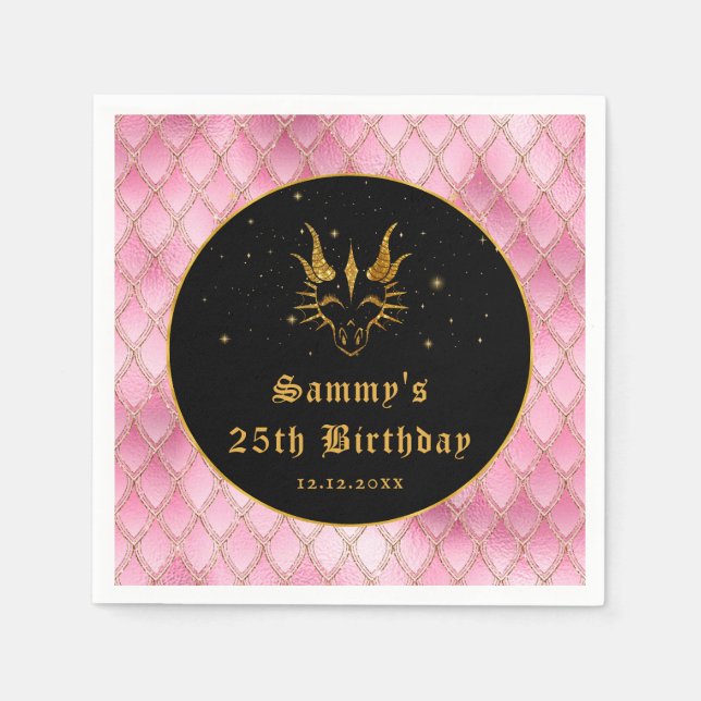 Pink Dragon Scales Gold Faux Glitter Birthday Napkins (Front)