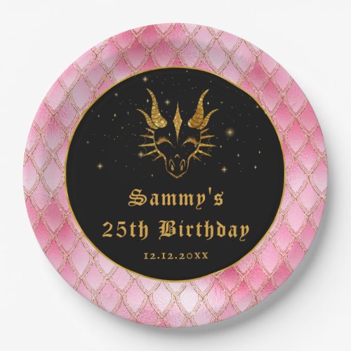Pink Dragon Scales Gold Faux Glitter Birthday Paper Plates