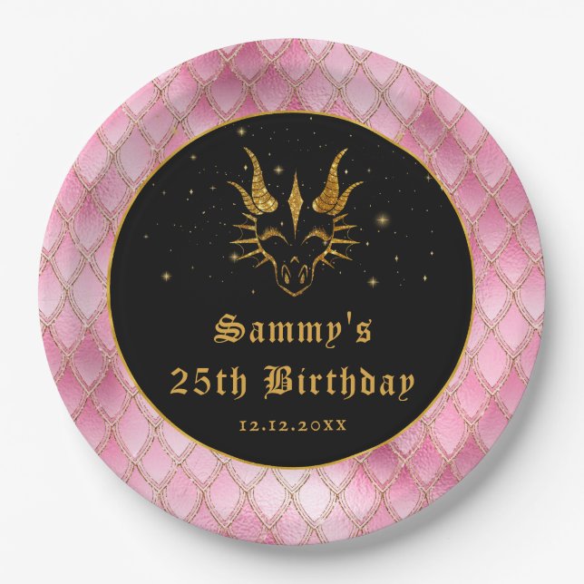 Pink Dragon Scales Gold Faux Glitter Birthday Paper Plates (Front)