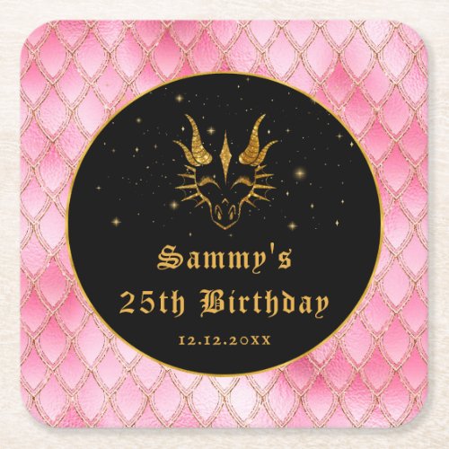 Pink Dragon Scales Gold Faux Glitter Birthday Square Paper Coaster