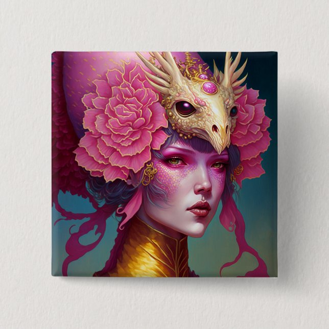 Pink Dragon Skull Woman Fantasy Art Button (Front)