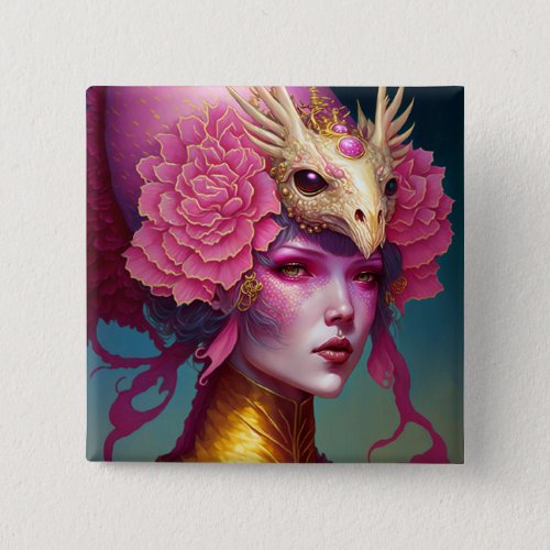 Pink Dragon Skull Woman Fantasy Art Button