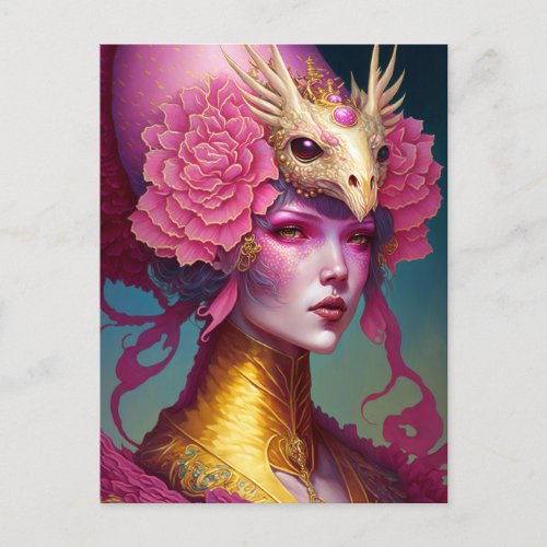 Pink Dragon Skull Woman Fantasy Art Postcard