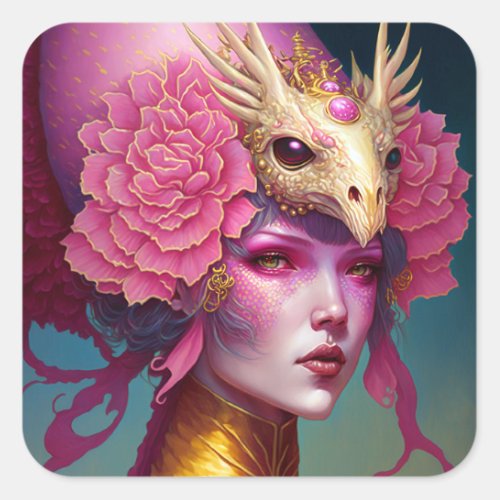 Pink Dragon Skull Woman Fantasy Art Square Sticker