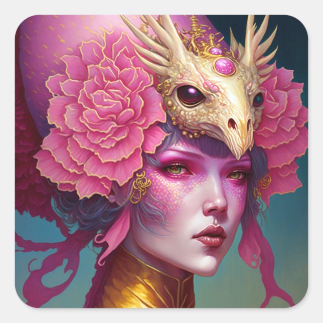 Pink Dragon Skull Woman Fantasy Art Square Sticker (Front)