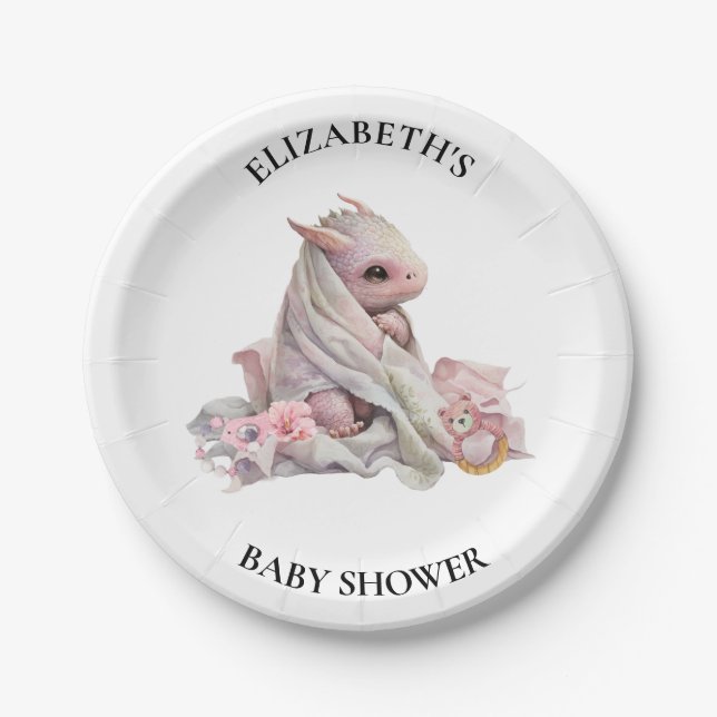 Pink Dragon Watercolor Baby Shower  Paper Plates (Front)