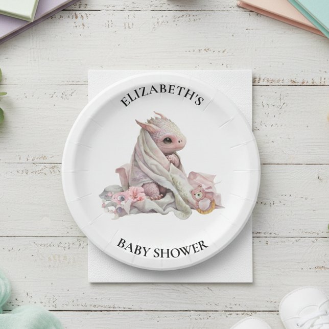 Pink Dragon Watercolor Baby Shower  Paper Plates (Creator Uploaded)