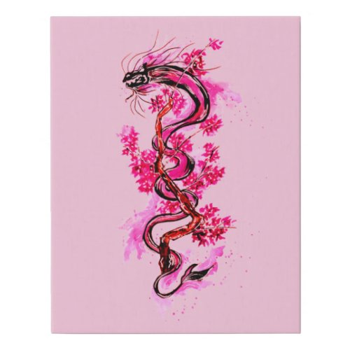 Pink Dragon with Blossoms Faux Canvas Print