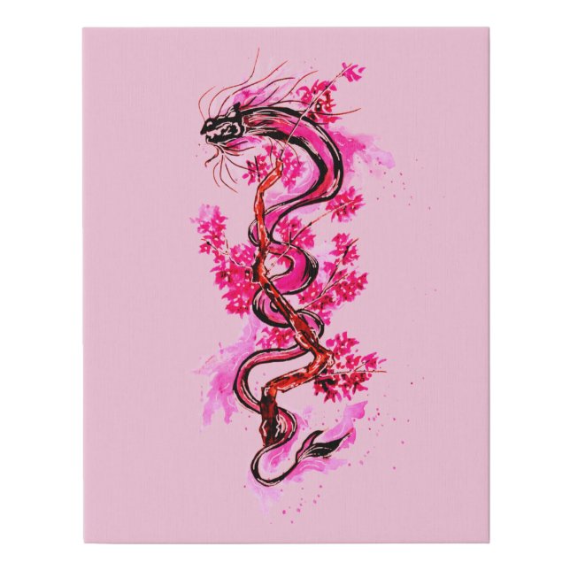 Pink Dragon with Blossoms Faux Canvas Print (Front)