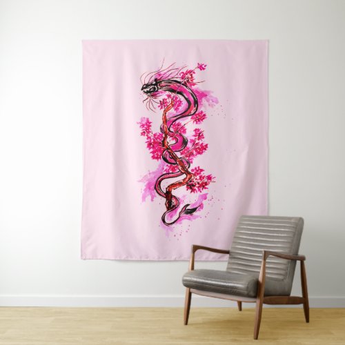 Pink Dragon with Blossoms Tapestry