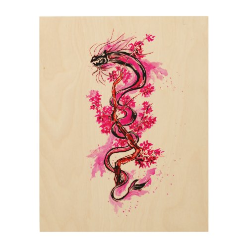 Pink Dragon with Blossoms Wood Wall Art