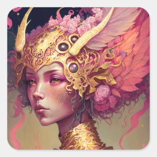 Pink Dragon Woman Fantasy Art Square Sticker