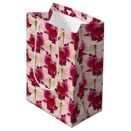 Pink Dragonflies and Roses  Medium Gift Bag