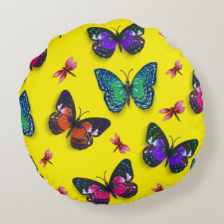 Pink Dragonflies & Butterflies Round Pillow