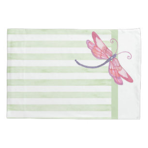 Pink Dragonfly and Sage stripes Pillowcase