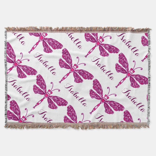 Pink dragonfly art pattern name throw blanket (Front)