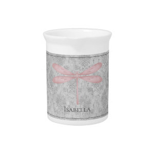 Pink Dragonfly Damask Beverage Pitcher