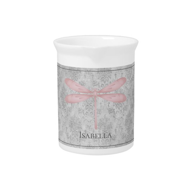 Pink Dragonfly Damask Beverage Pitcher (Front)