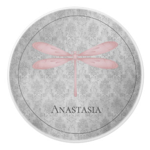 Pink Dragonfly Damask Ceramic Knob
