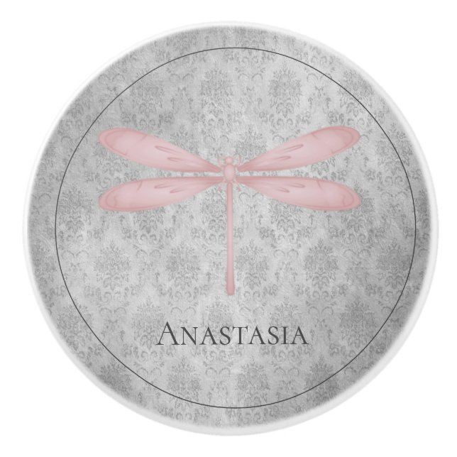 Pink Dragonfly Damask Ceramic Knob (Front)