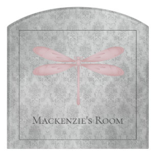 Pink Dragonfly Damask Door Sign