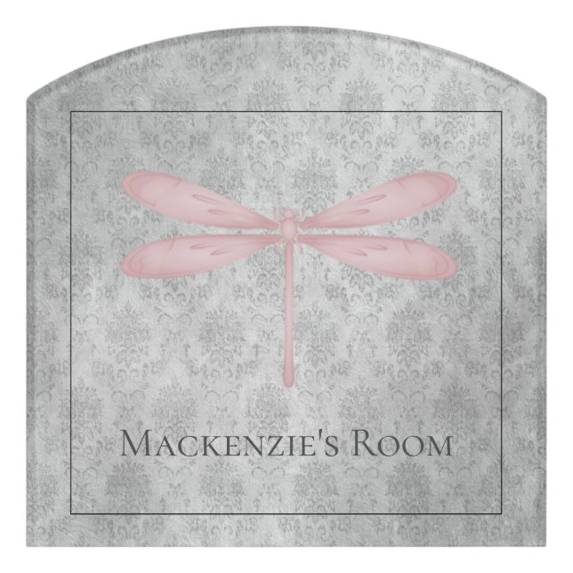 Pink Dragonfly Damask Door Sign (Contour Front)