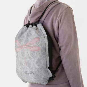 Pink Dragonfly Damask Drawstring Bag