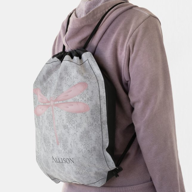 Pink Dragonfly Damask Drawstring Bag (Insitu)
