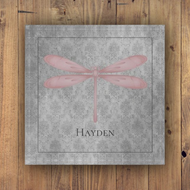 Pink Dragonfly Damask Paperweight (Pink Dragonfly Damask Personalized Paperweight)