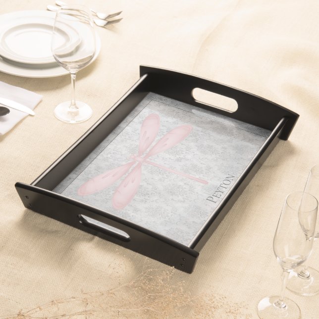 Pink Dragonfly Damask Serving Tray (Front)