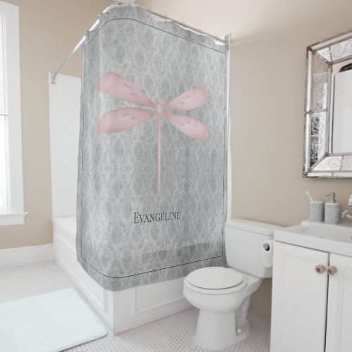 Pink Dragonfly Damask Shower Curtain