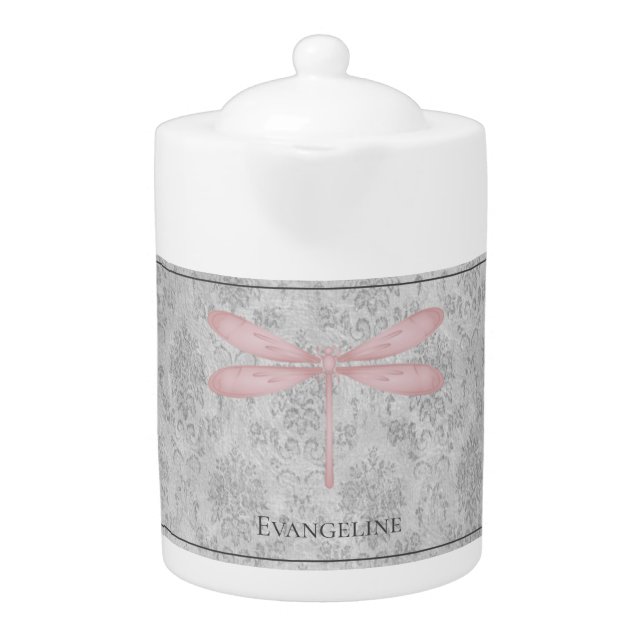 Pink Dragonfly Damask Teapot (Front)