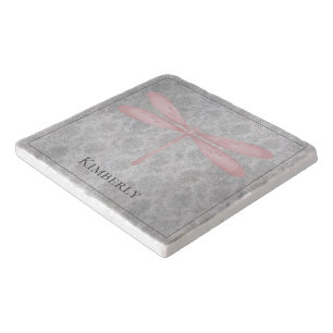 Pink Dragonfly Damask Trivet