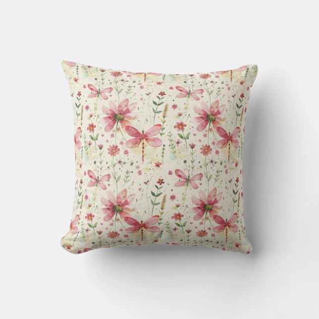 Pink Dragonfly Floral Throw Pillow Home Decor (Front)
