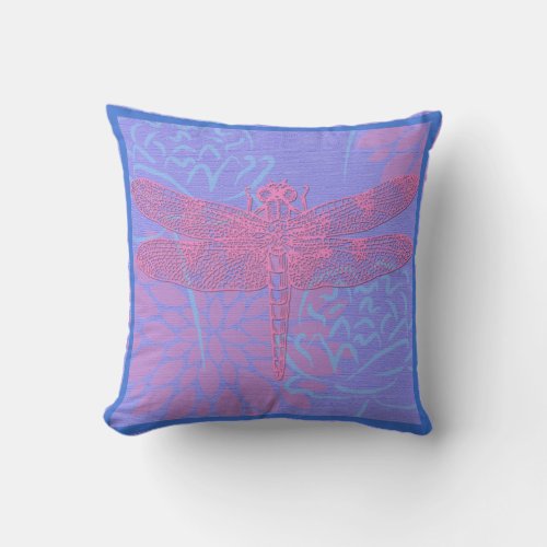 Pink Dragonfly on Purple Background Pillow