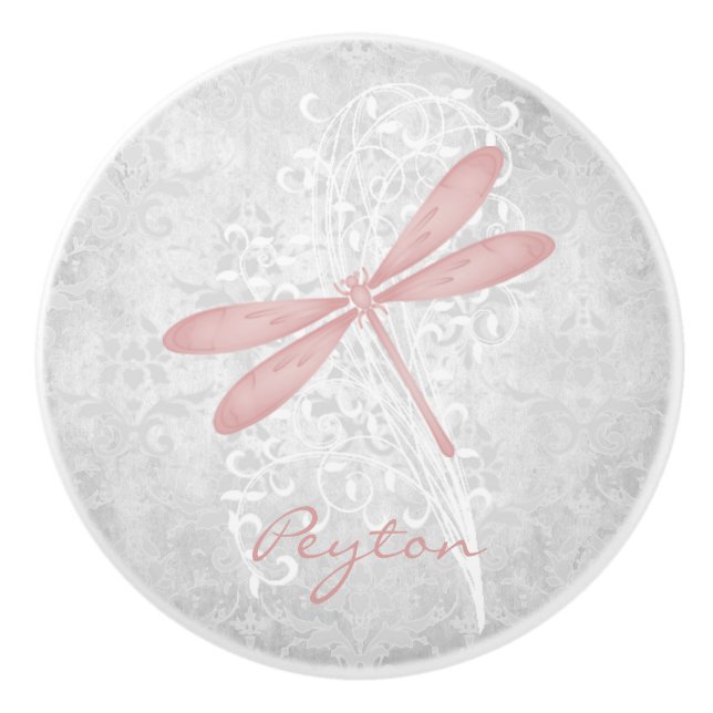 Pink Dragonfly Personalized Ceramic Knob (Front)