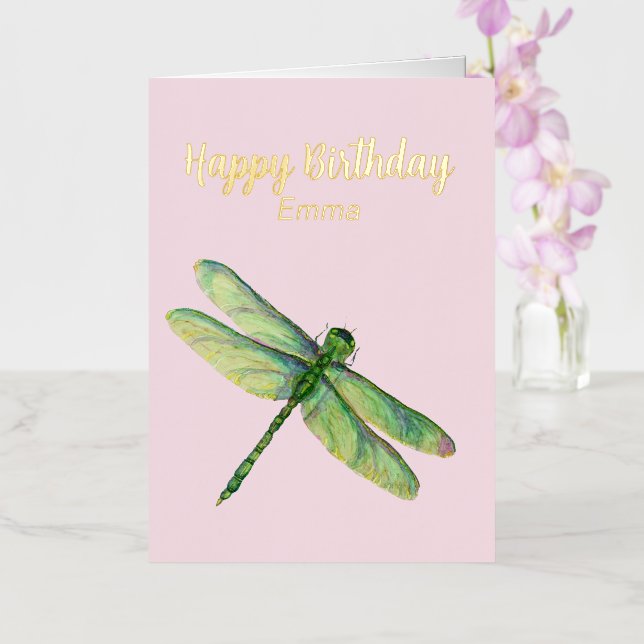 Pink Dragonfly Personalized Foil Birthday Card (Orchid)