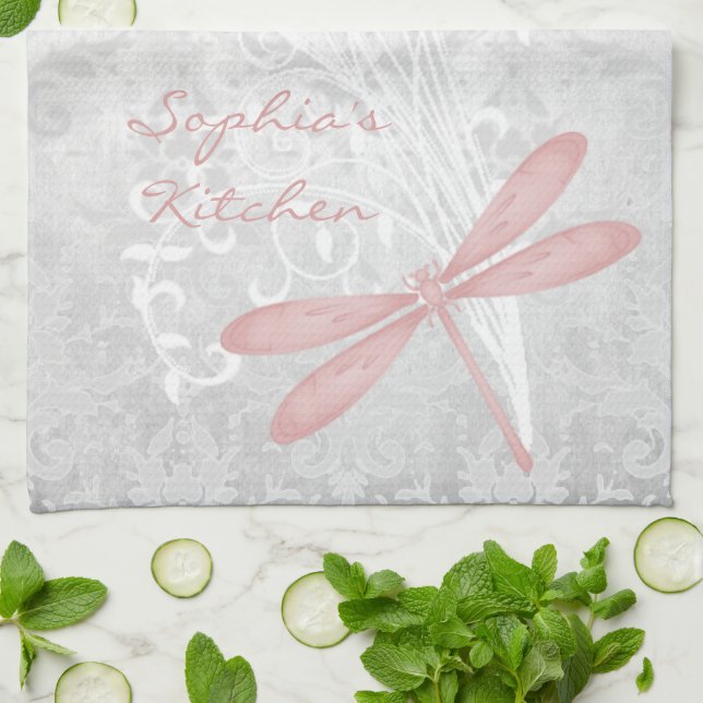 Pink Dragonfly Personalized Kitchen Towel (Folded)