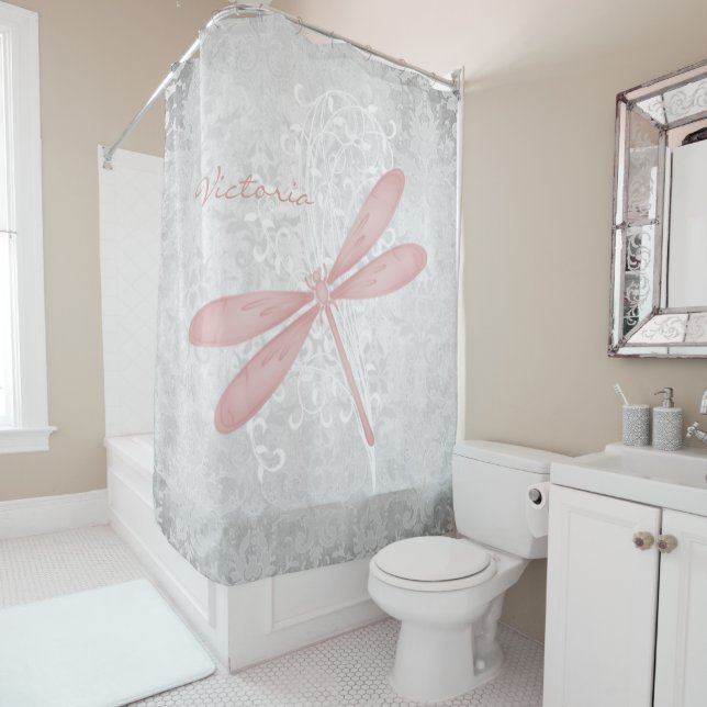 Pink Dragonfly Personalized Shower Curtain (In Situ)