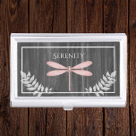 Pink Dragonfly Rustic Business Card Case<br><div class="desc">Keep your business cards on hand to pass out to potential clients or customers with a Pink Dragonfly Rustic Personalized Business Card Case. Case design features a vibrant dragonfly adorned with delicate foliage against a dark gray rustic wooden background. Additional gift items available with this design as well as a...</div>